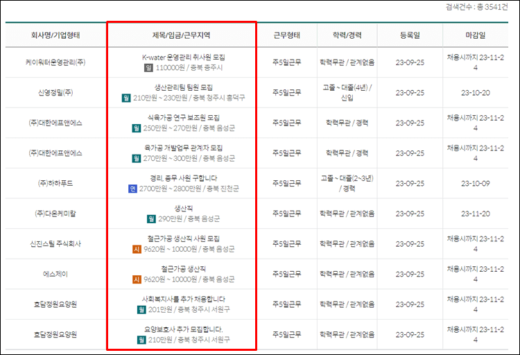 충북일자리포털-채용목록